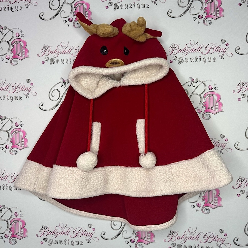 Doppio’s poncho reindeer kids red white Pom poms deer hood cute cozy warm Xmas